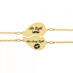 Set bratari argint cuplu inimioare 16 mm (2 bucati incluse) - personalizate cu text - placate cu aur galben de 24 karate